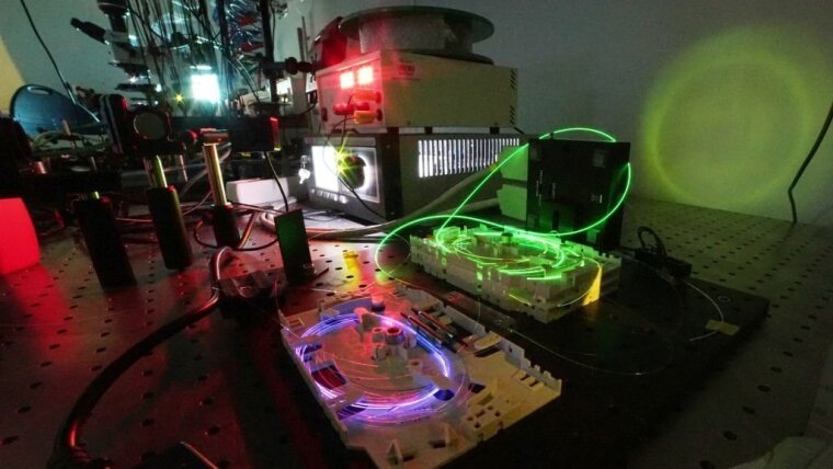 Serveral coloured fiber lasers at the laboratory.