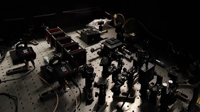 Experimental setup elements in an optical laboratory.